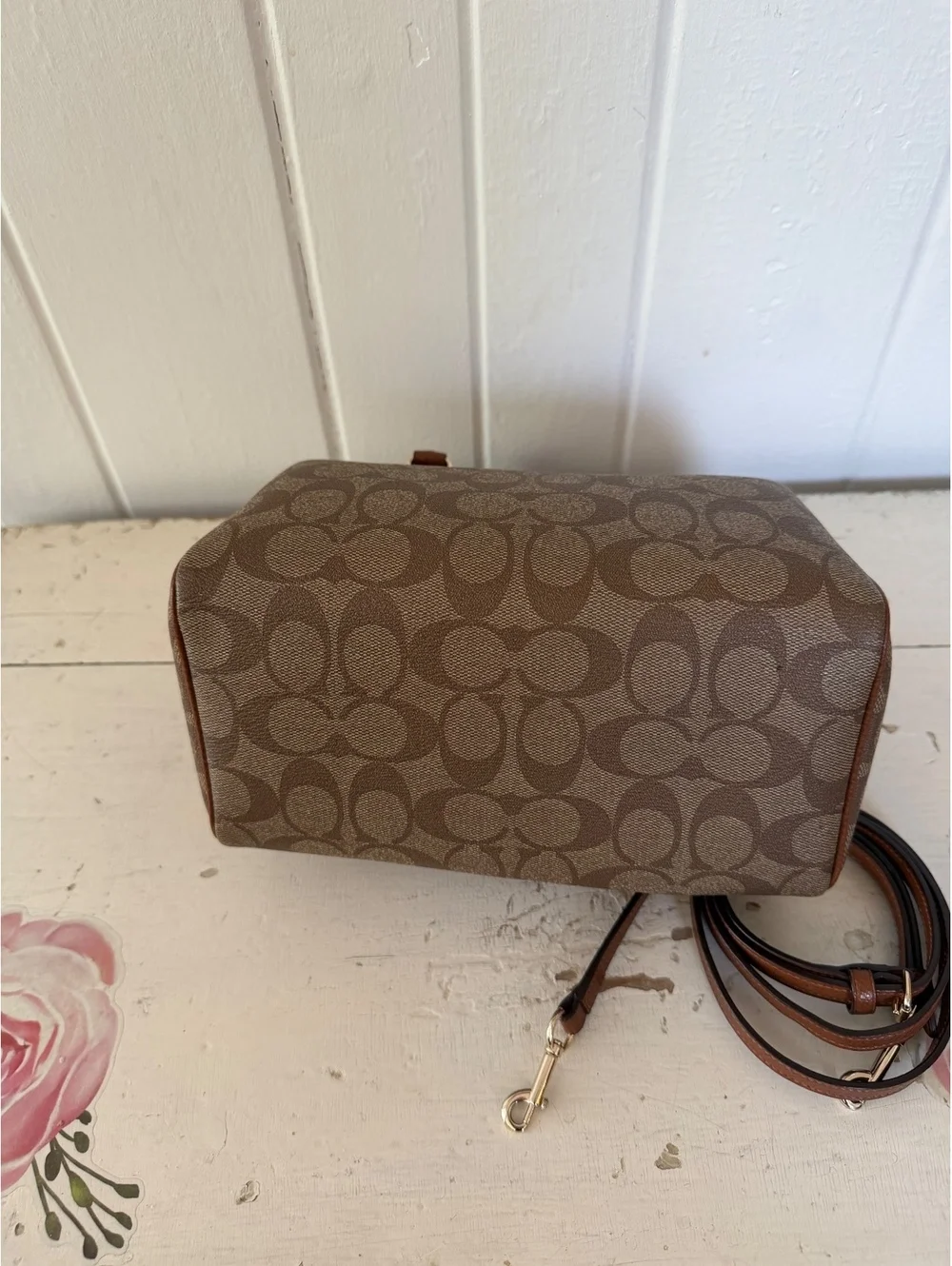Coach Signature Canvas and Leather Satchel Handbag with Strap, no charms